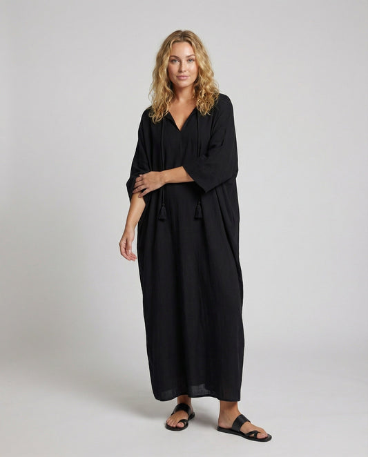 Damen Maxikleid V-Ausschnitt Kordelzug Baumwolle Schwarz - Eveloria