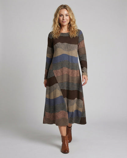 Damen Maxikleid Strick Wellenmuster Streifen Schwarz - Eveloria
