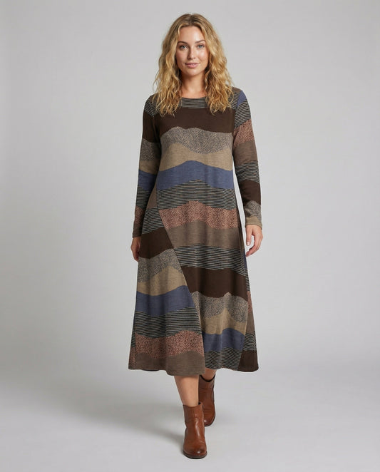 Damen Maxikleid Strick Wellenmuster Streifen Schwarz - Eveloria