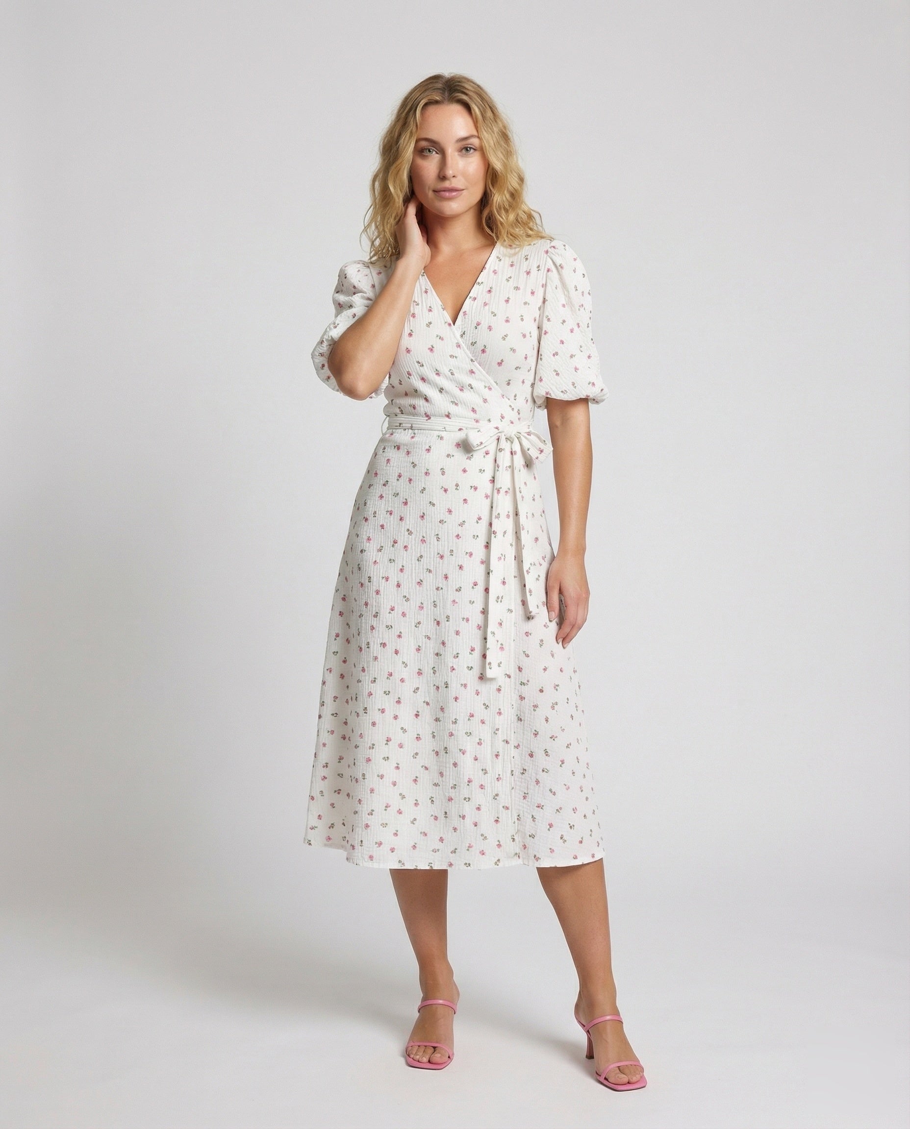 Damen Wickelkleid Baumwolle Gaze Puffärmel - Eveloria