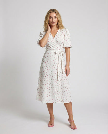 Damen Wickelkleid Baumwolle Gaze Puffärmel - Eveloria