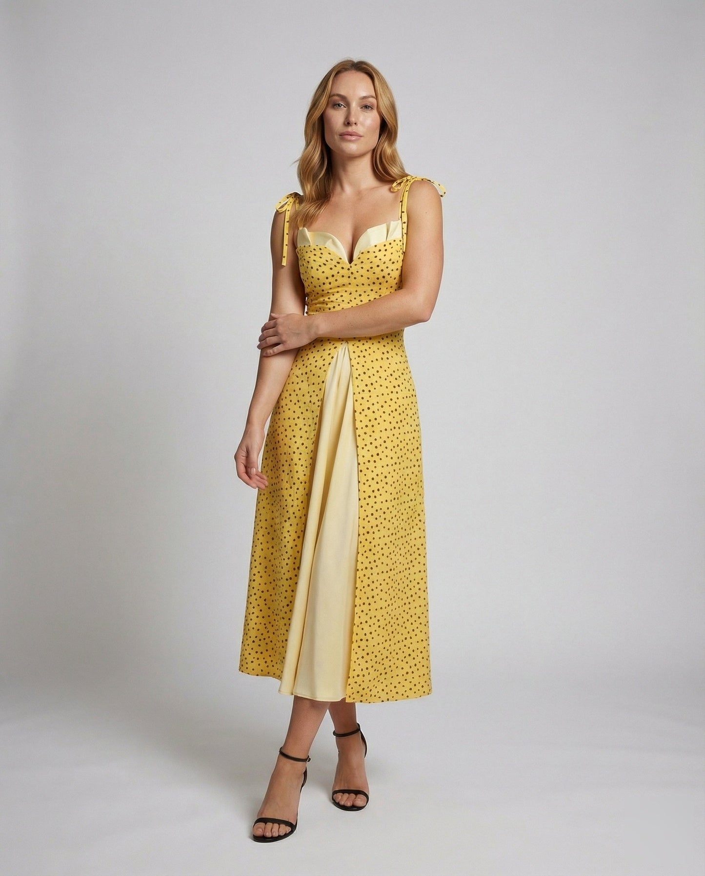 Damen Midikleid Punkteprint Zweilagig Beinschlitz - Eveloria