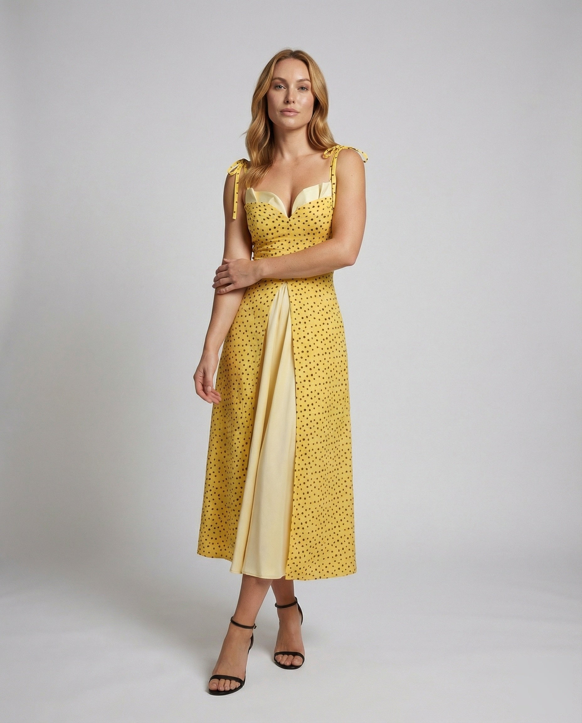 Damen Midikleid Punkteprint Zweilagig Beinschlitz - Eveloria