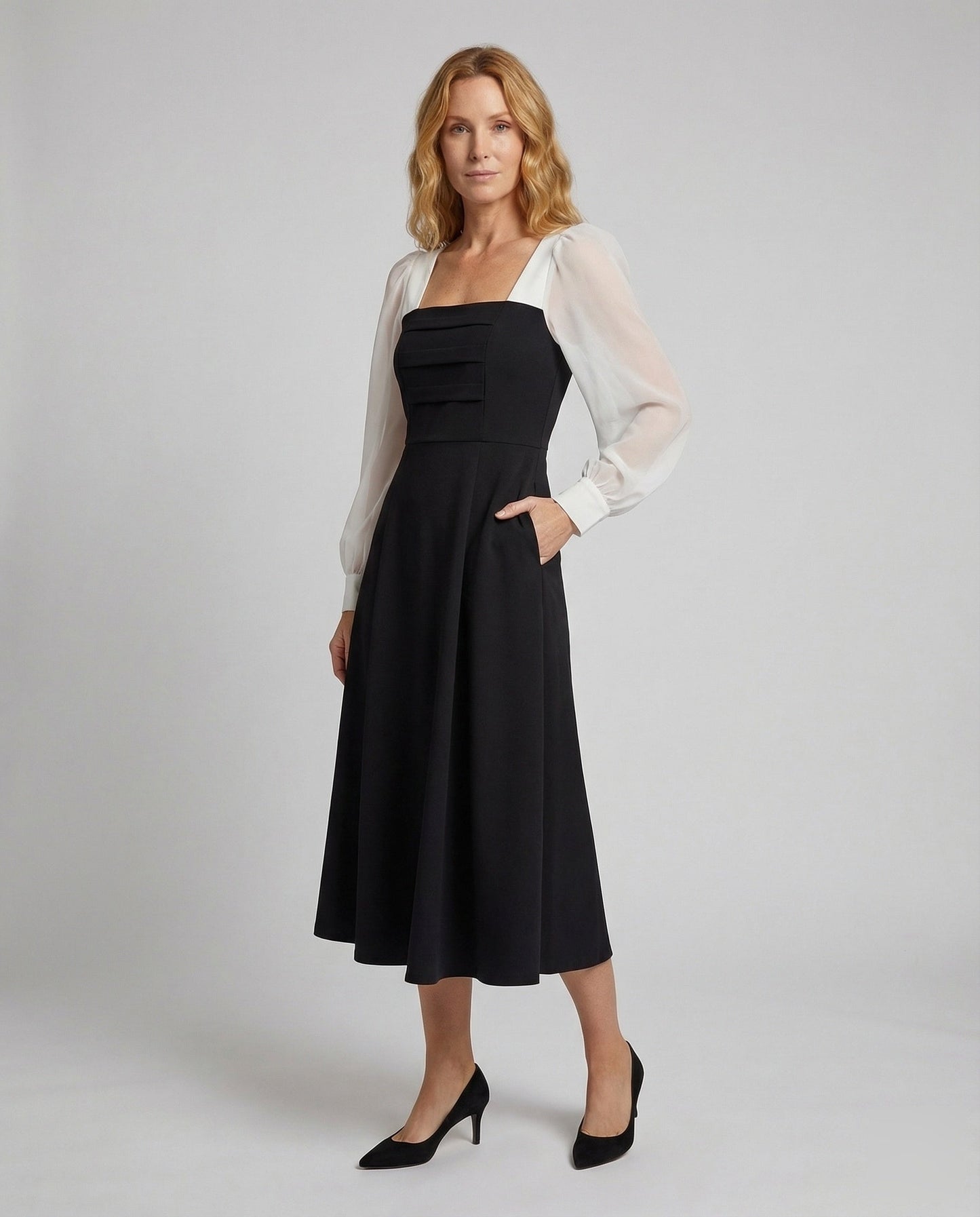 Damen A-Linien Midikleid Chiffon Puffärmel Korsage - Eveloria