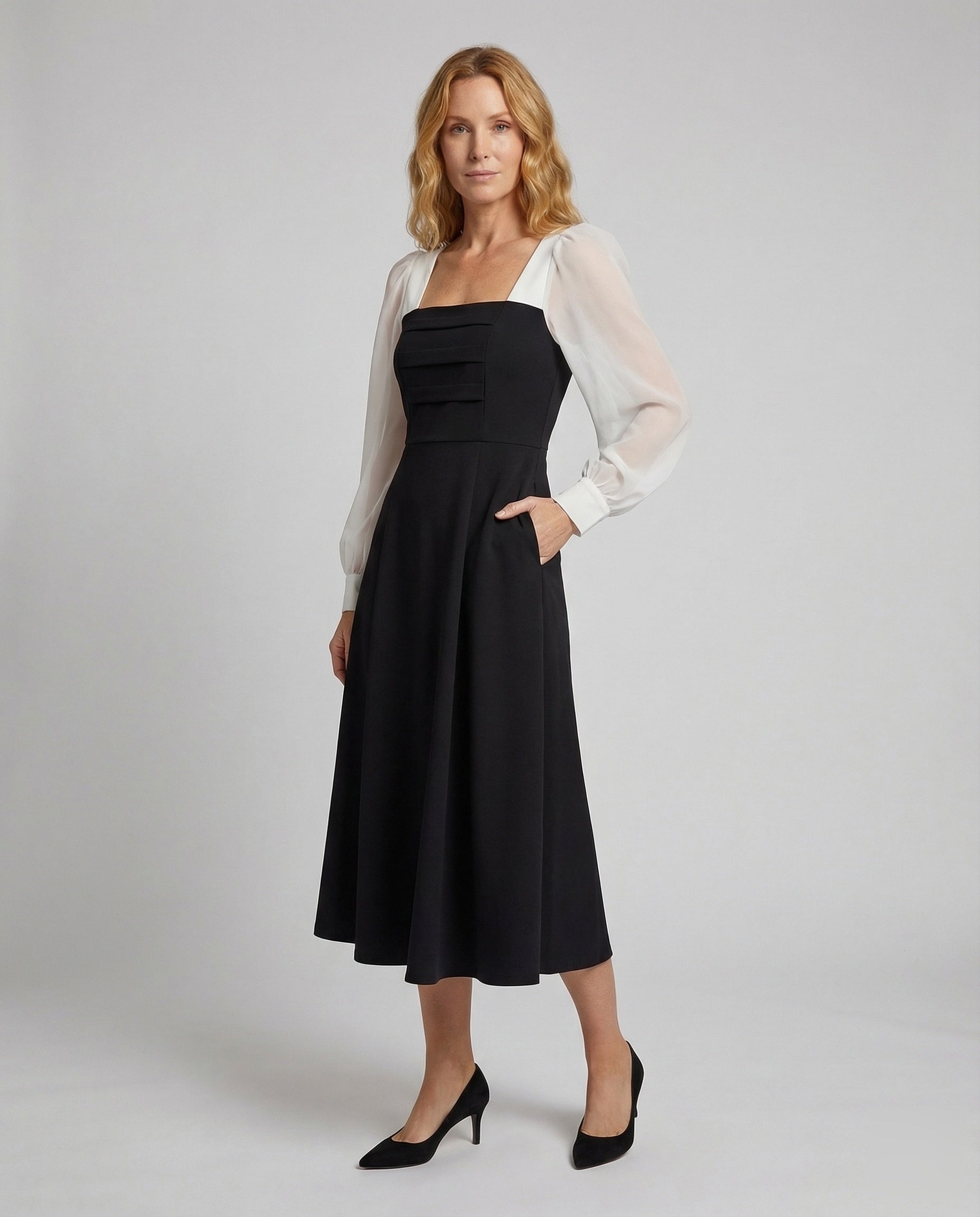 Damen A-Linien Midikleid Chiffon Puffärmel Korsage - Eveloria