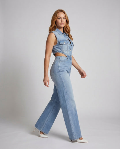 Damen Jeans-Jumpsuit Hemdkragen Weites Bein - Eveloria
