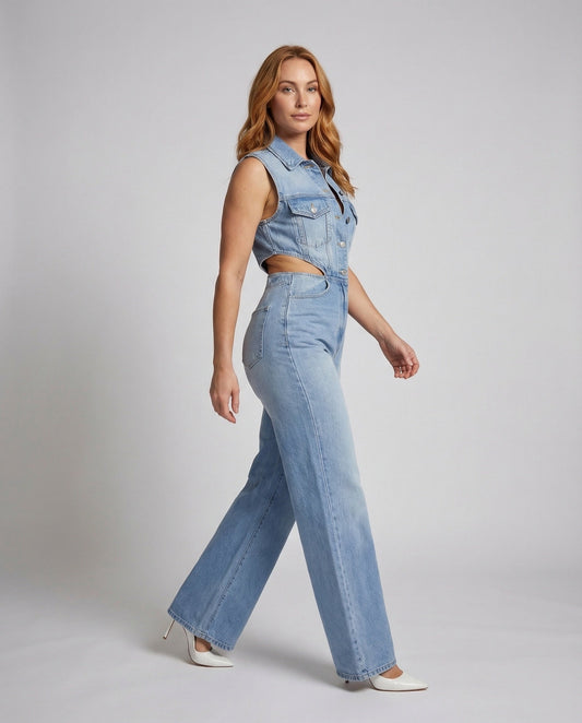 Damen Jeans-Jumpsuit Hemdkragen Weites Bein - Eveloria