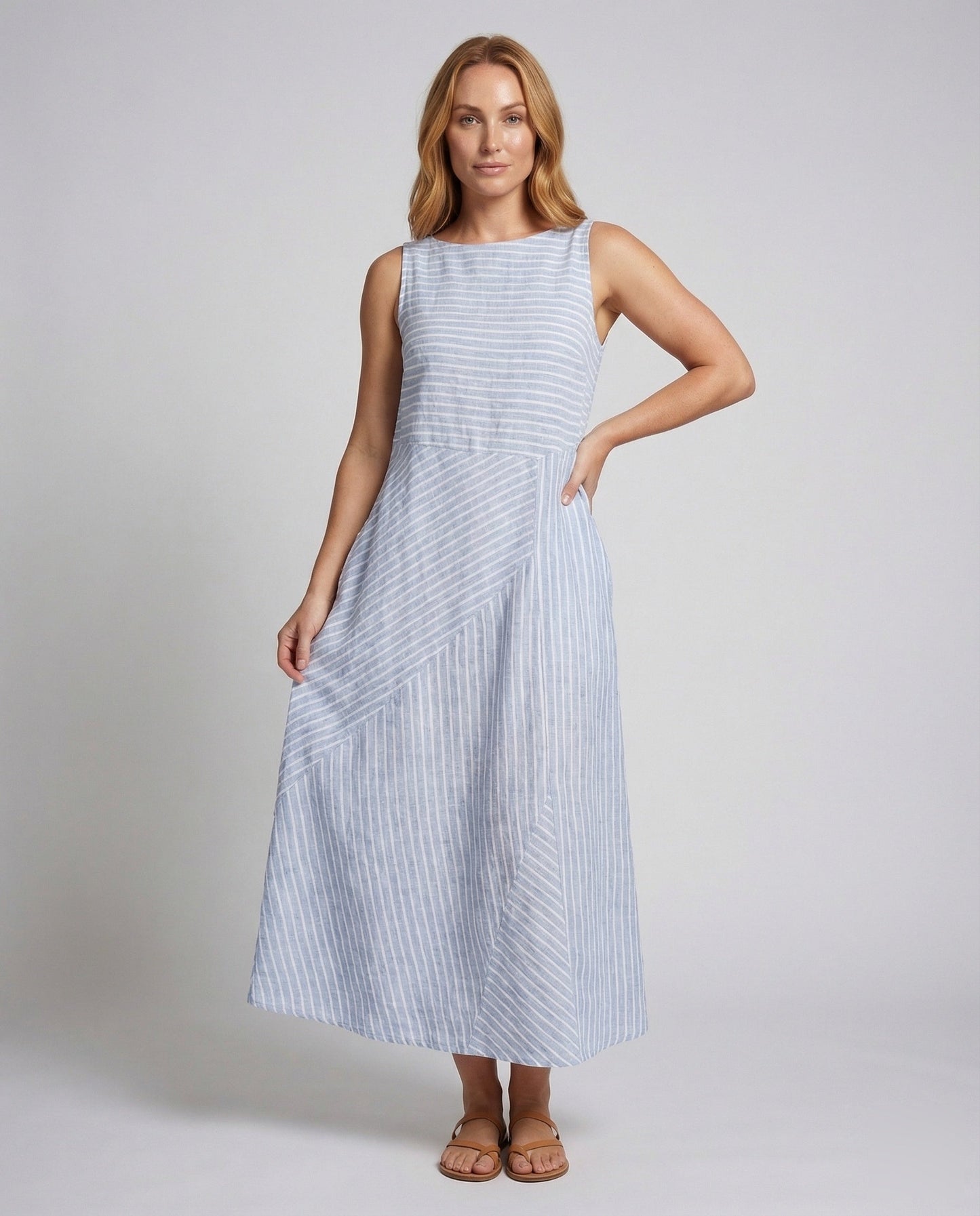 Damen Midikleid Leinenoptik Feine Streifen - Eveloria