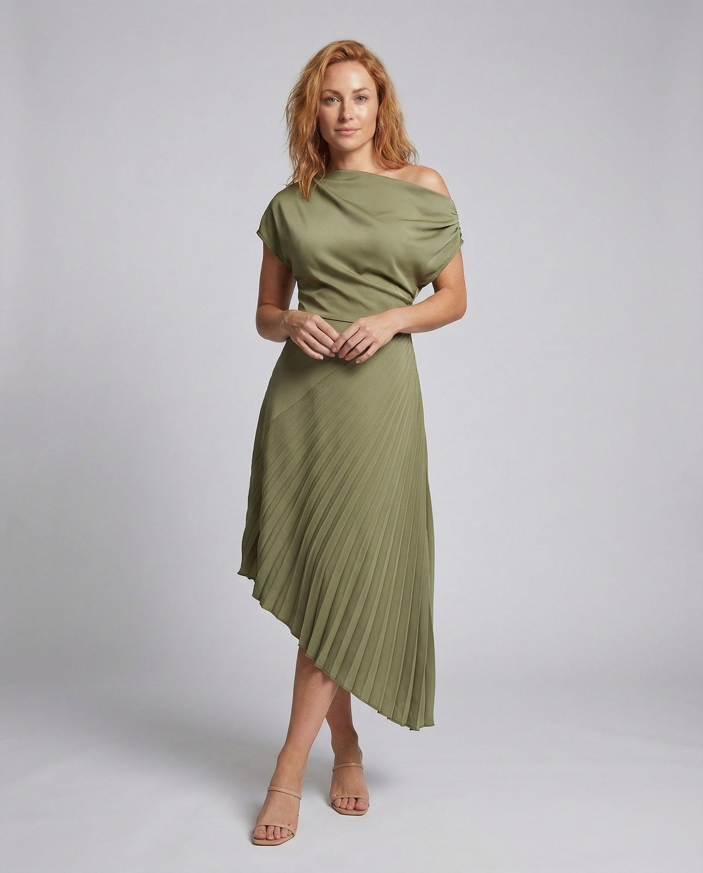Damen Midikleid mit Drapierte Schulter und Plissierter Rock - Eveloria