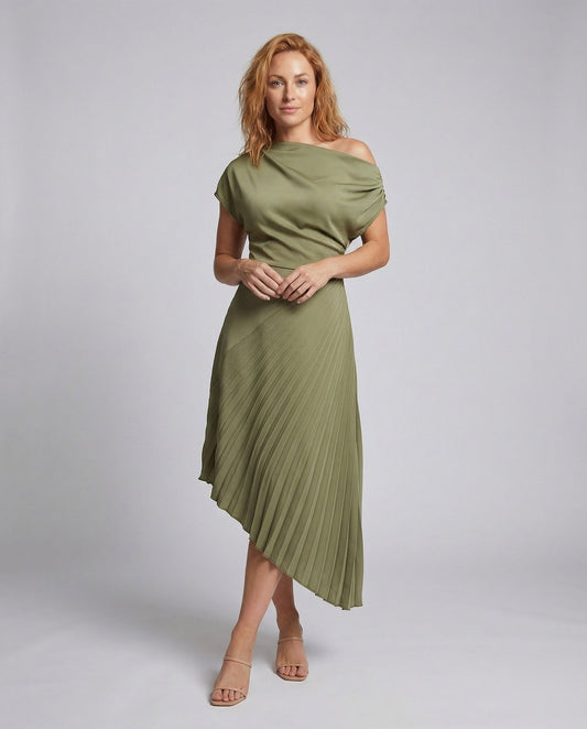 Damen Midikleid mit Drapierte Schulter und Plissierter Rock - Eveloria