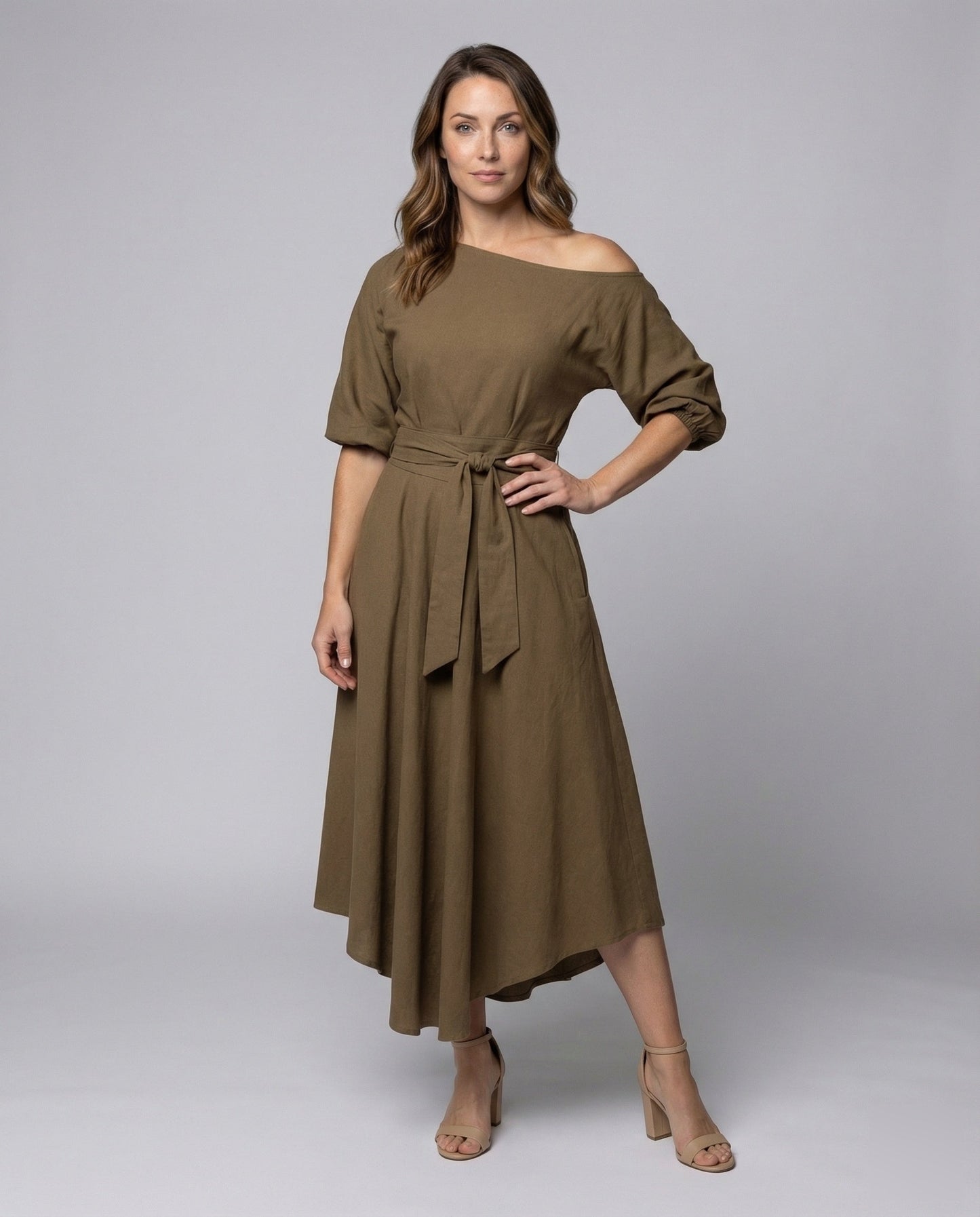 Damen Asymmetrisches Midikleid mit Bindegürtel - Eveloria