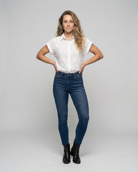 Damen Hemdbluse Lochstickerei Kentkragen Weiss - Eveloria