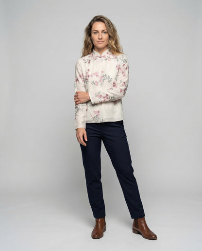 Damen Bluse Seidenoptik Knotenknöpfe Blau - Eveloria