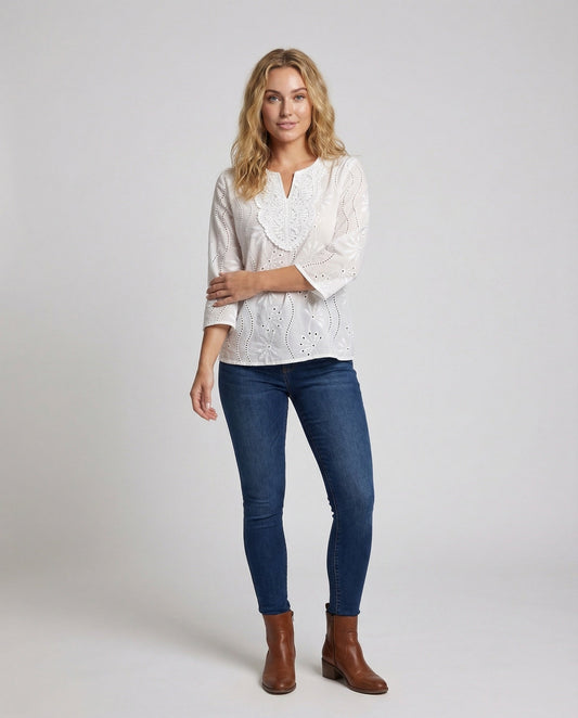 Damen Tunika Bluse mit Lochstickerei und V-Ausschnitt - Eveloria