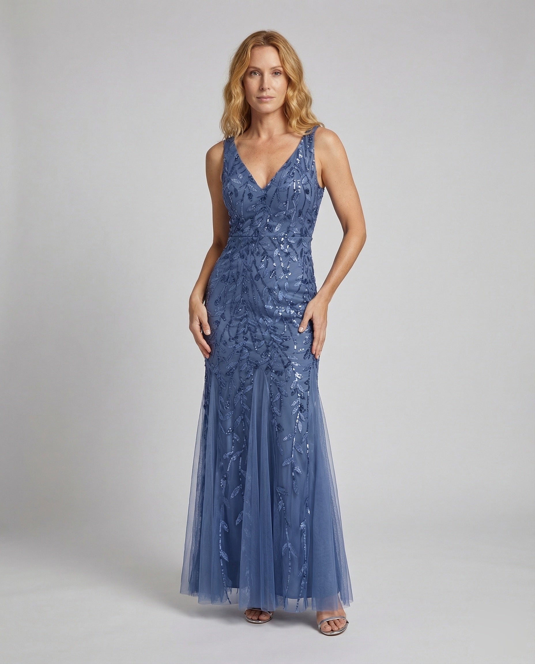 Damen Abendkleid Pailletten Bestickt Tüllschwarz - Eveloria
