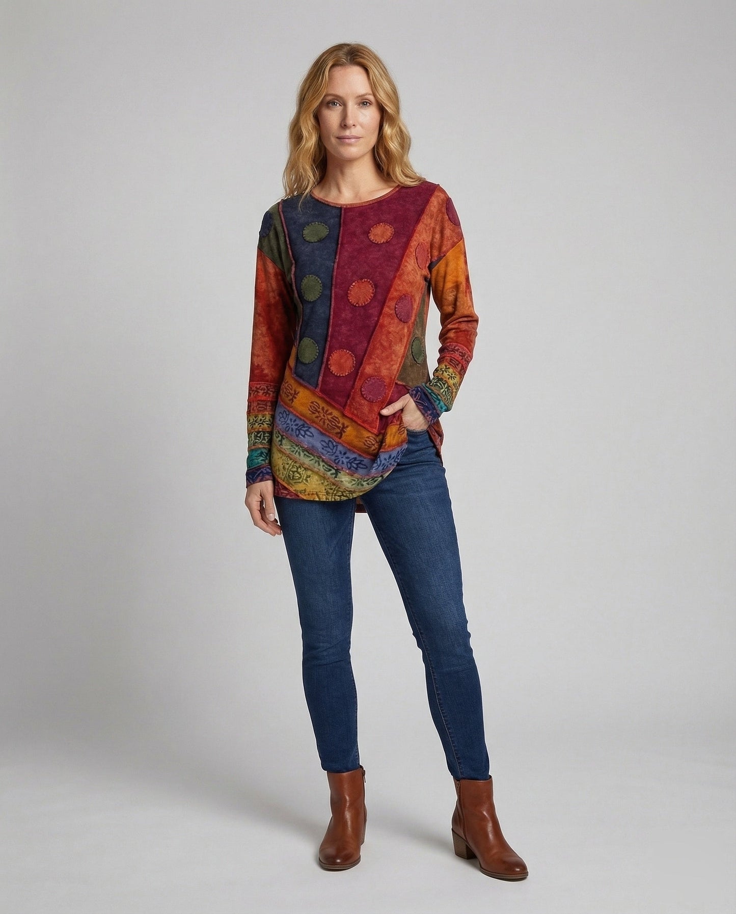 Damen Longshirt Patchwork Ziernähte Baumwolle - Eveloria