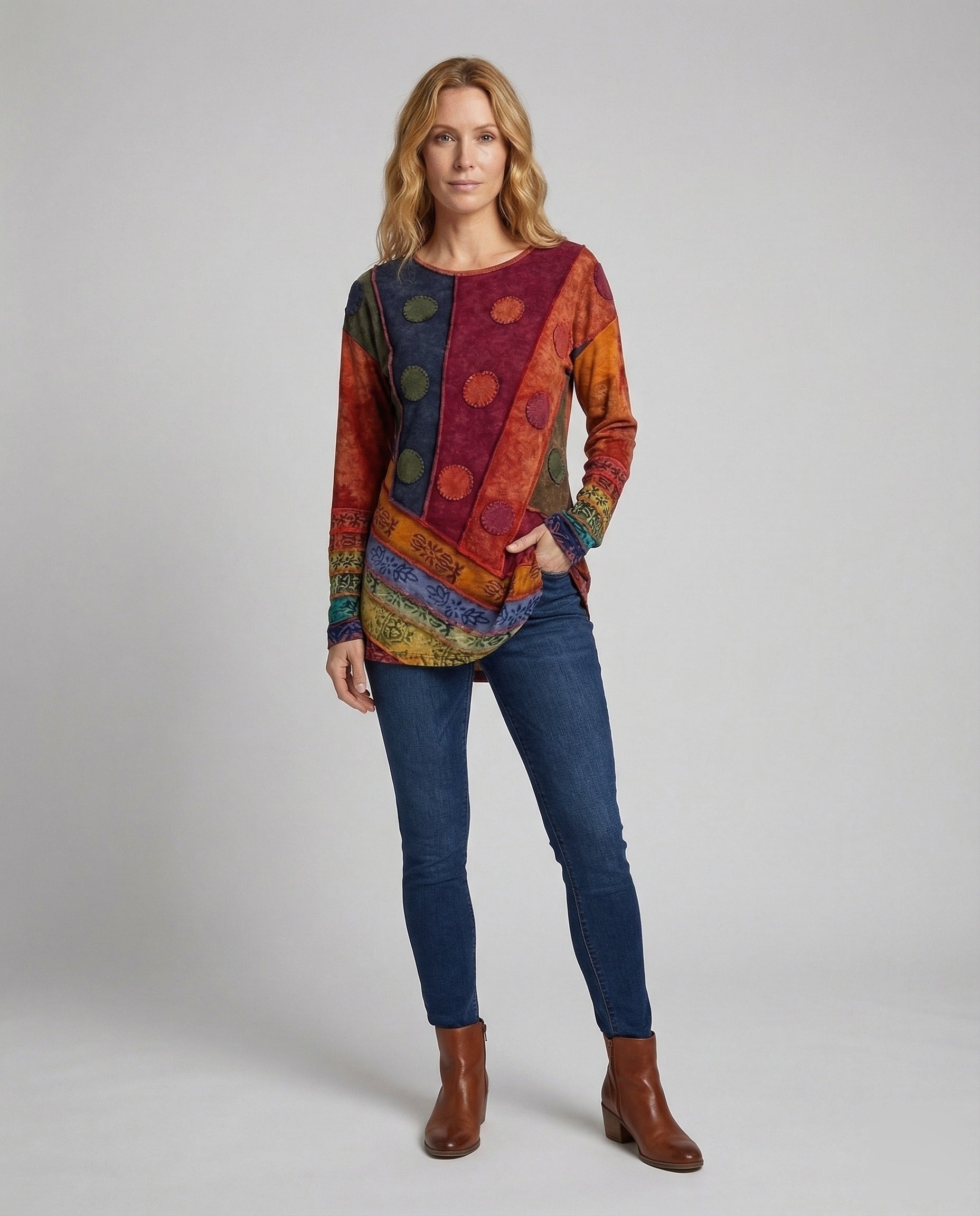 Damen Longshirt Patchwork Ziernähte Baumwolle - Eveloria