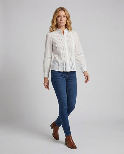 Damen Spitzenbluse Stehkragen Puffärmel Weiß - Eveloria
