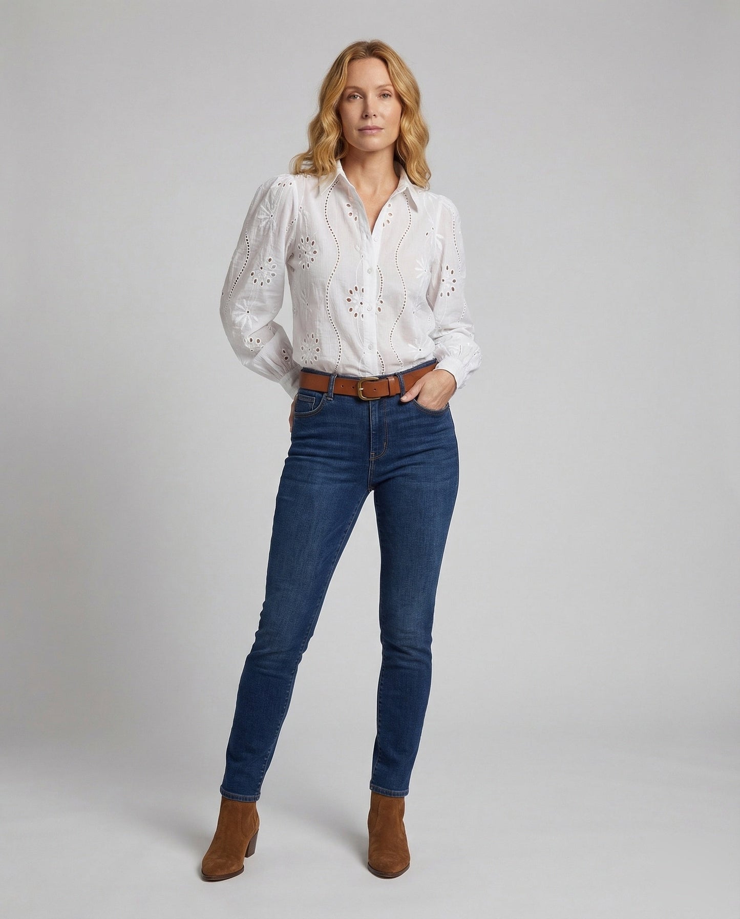 Damen Hemdbluse Ballonärmel Broderie Anglaise - Eveloria
