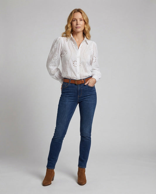 Damen Hemdbluse Ballonärmel Broderie Anglaise - Eveloria