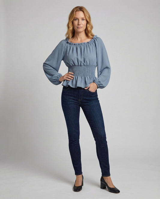 Damen Bluse Chiffon Ballonärmel Volant Saum - Eveloria
