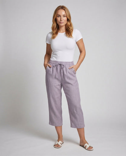 Damen Leinenhose Culotte mit Zierknöpfen Beige - Eveloria