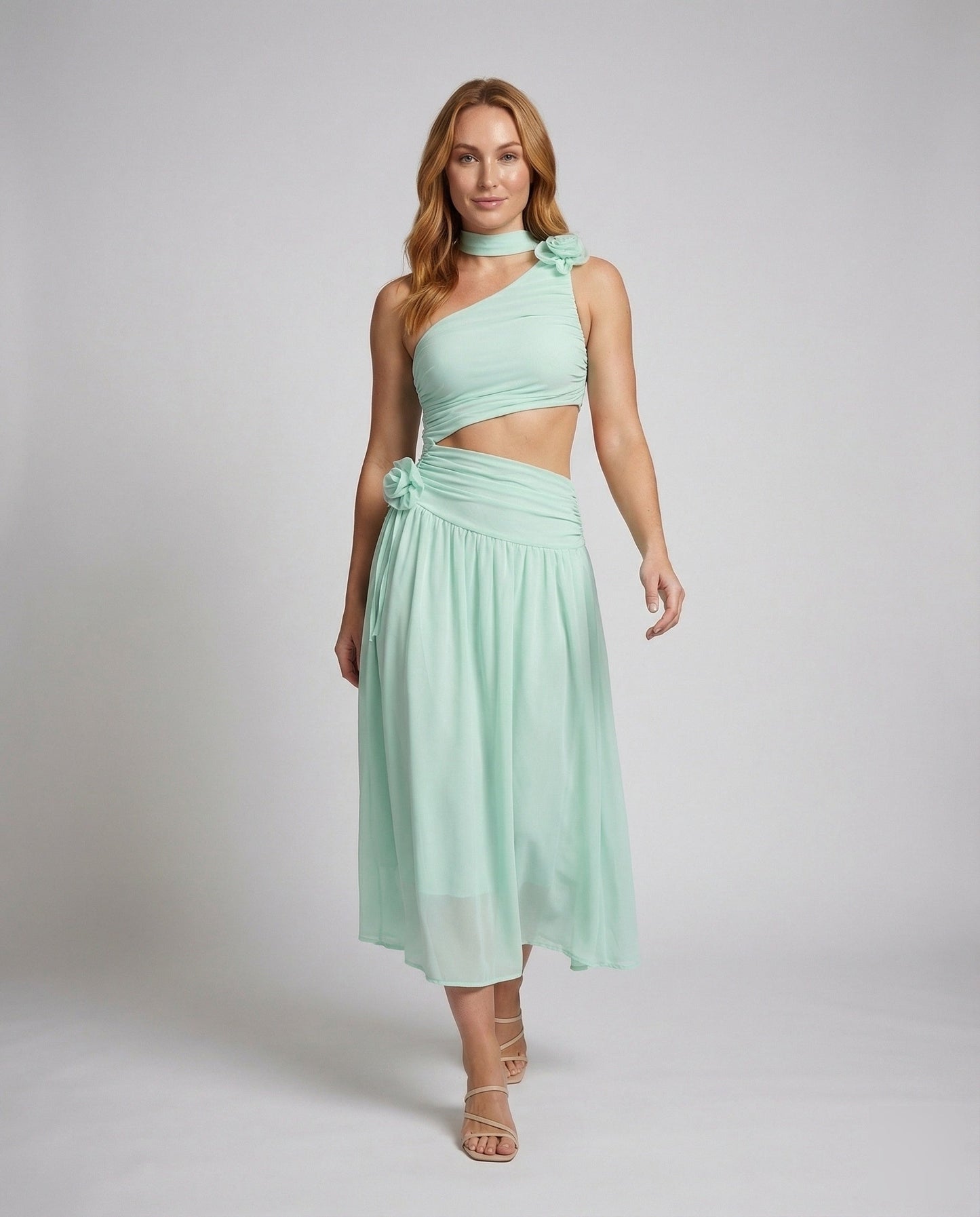 Damen Maxikleid Chiffon Einschultrig Mit Taillenöffnung - Eveloria