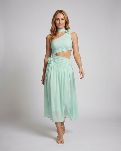 Damen Maxikleid Chiffon Einschultrig Mit Taillenöffnung - Eveloria