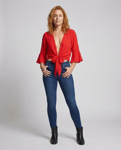 Damen Bindebluse mit Trompetenärmeln und Knotenfront - Eveloria