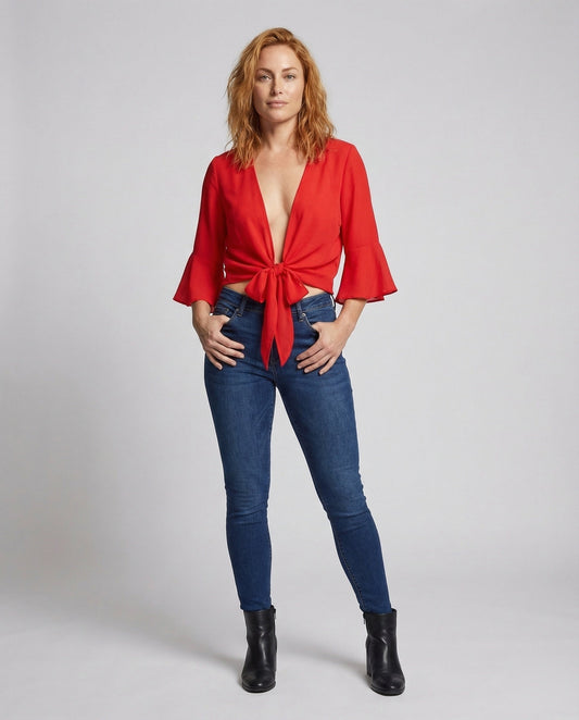 Damen Bindebluse mit Trompetenärmeln und Knotenfront - Eveloria