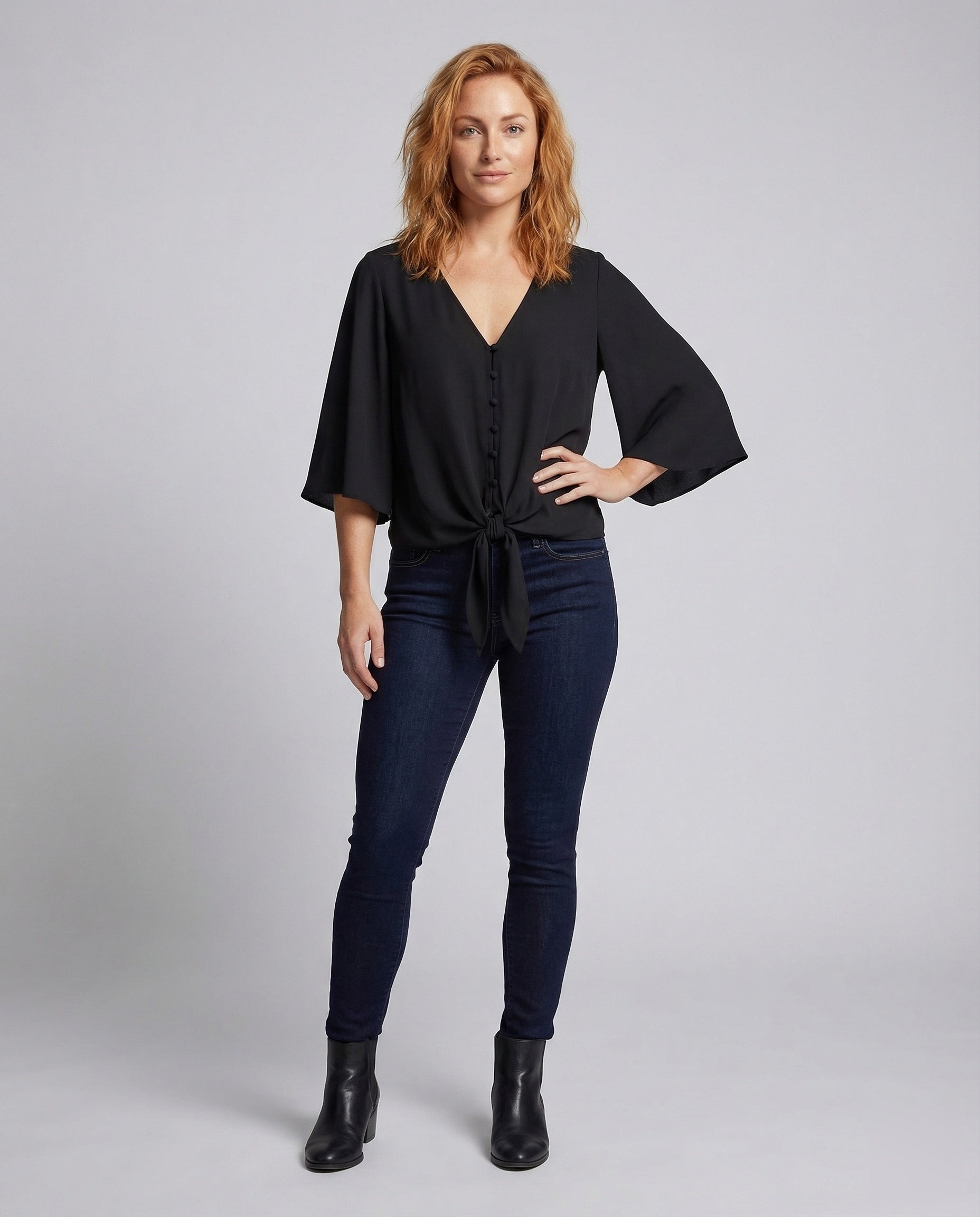 Damen Bluse Fledermausärmel V-Ausschnitt Knotendetail - Eveloria