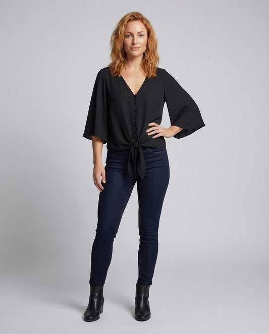 Damen Bluse Fledermausärmel V-Ausschnitt Knotendetail - Eveloria