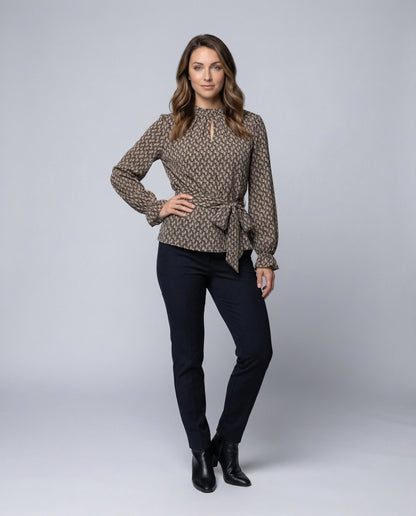 Damen Bluse Retroprint Geraffter Stehkragen Rüschenmanschetten - Eveloria