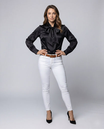 Damen Satinbluse mit Schleifenkragen und Puffärmeln - Eveloria