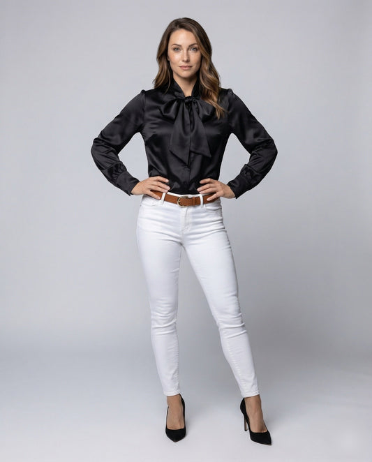 Damen Satinbluse mit Schleifenkragen und Puffärmeln - Eveloria