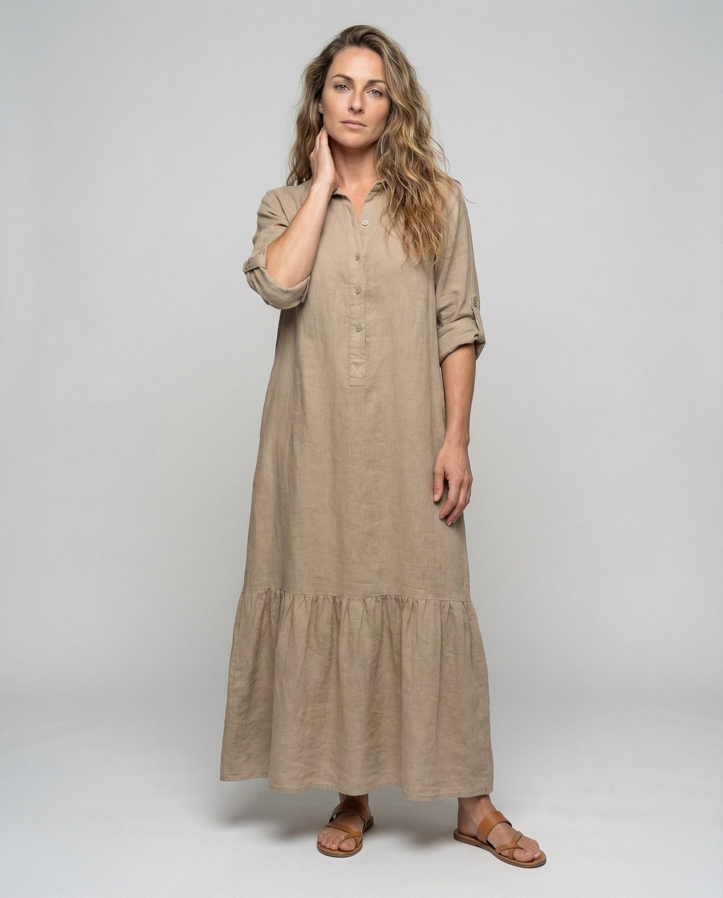 Damen Maxikleid Leinenoptik mit Stufenvolant - Eveloria