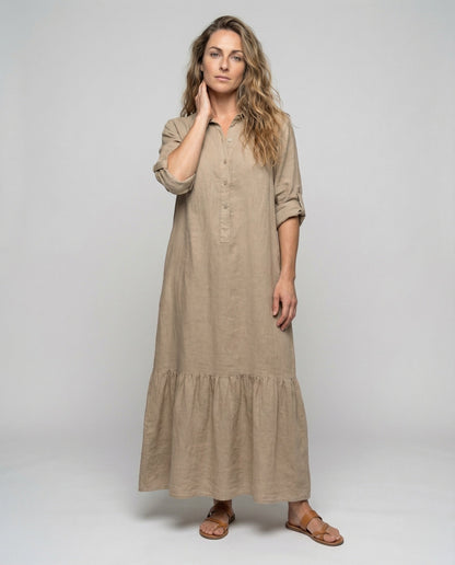 Damen Maxikleid Leinenoptik mit Stufenvolant - Eveloria