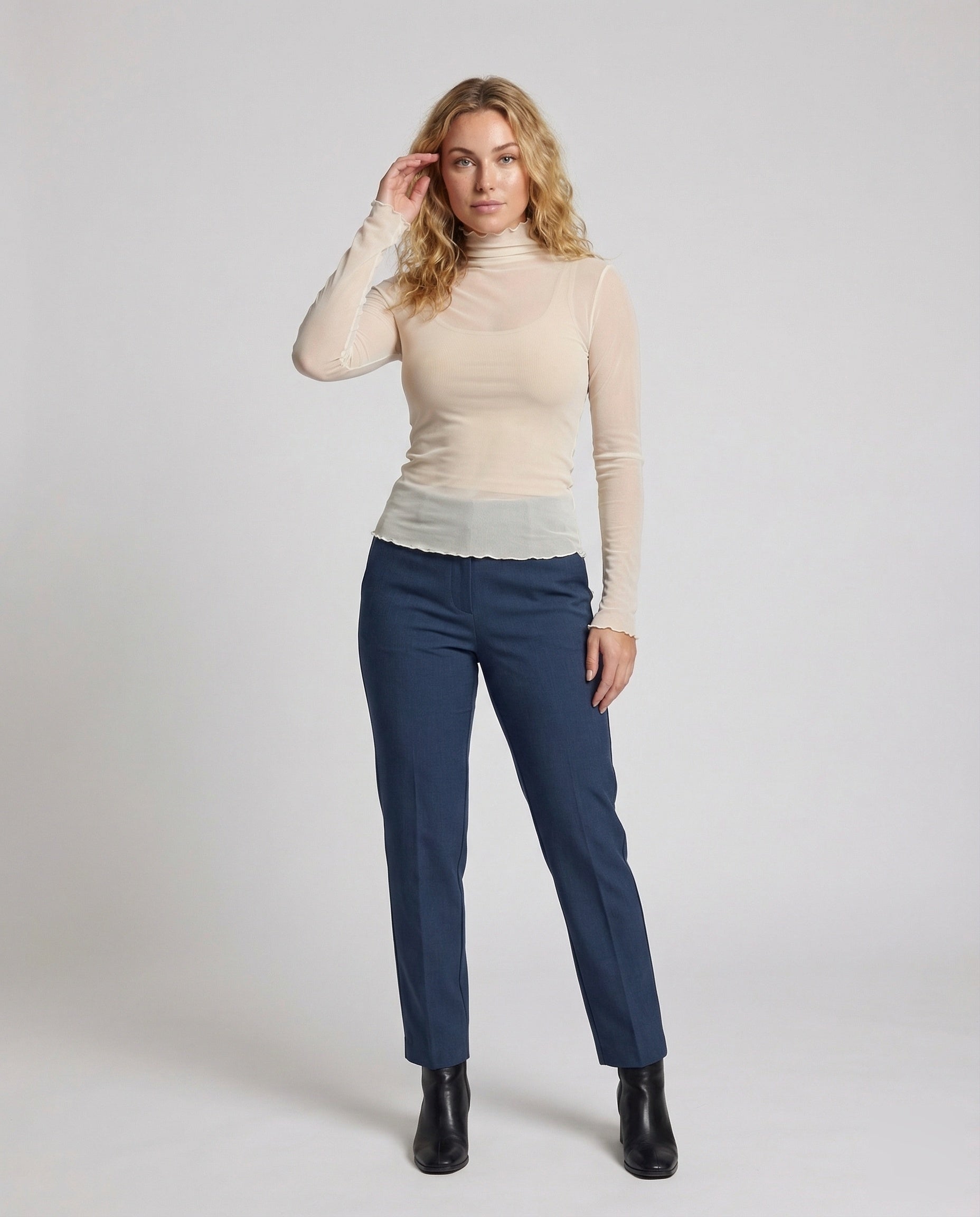 Damen Langarmshirt Mesh Geraffter Stehkragen Schwarz - Eveloria