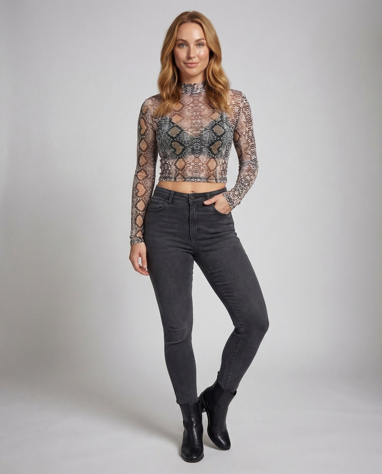 Damen Mesh Crop- Schlangenprint Rollkragen - Eveloria