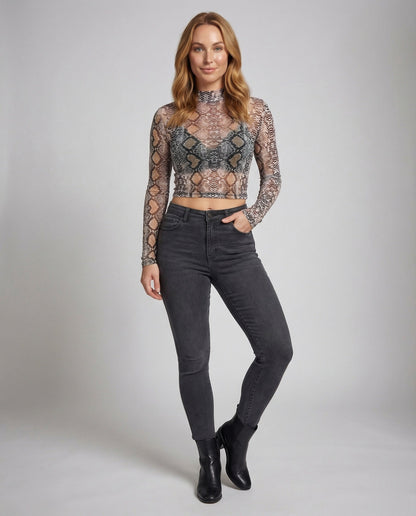 Damen Mesh Crop- Schlangenprint Rollkragen - Eveloria