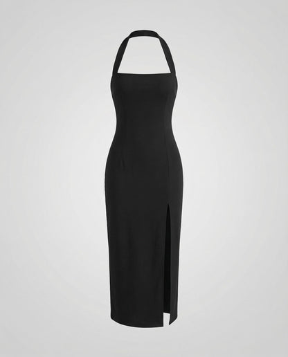 Damen Midikleid Neckholder Eckiger Ausschnitt Beinschlitz