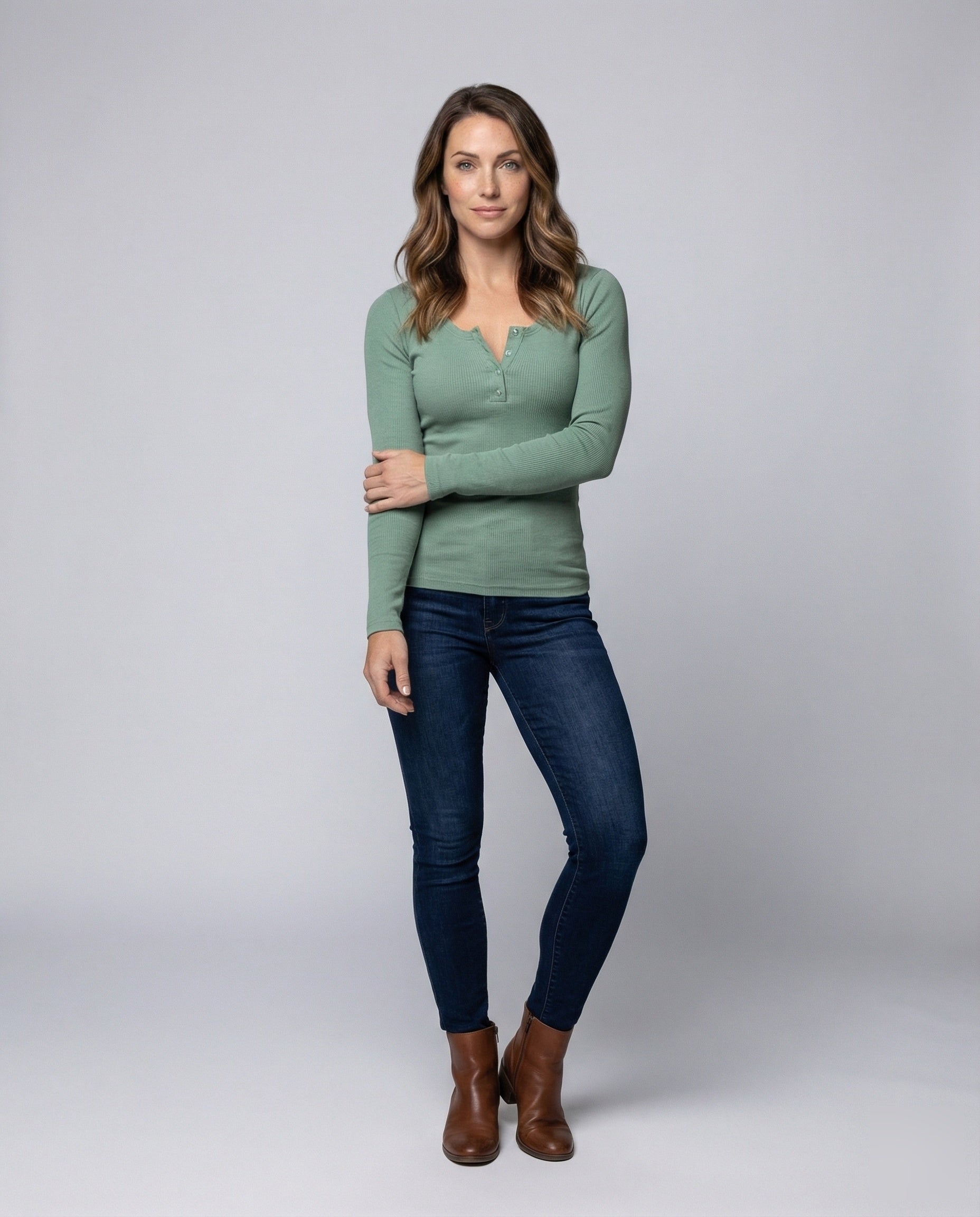 Damen Langarmshirt Rippstrick Henley-Style mit Knöpfen - Eveloria