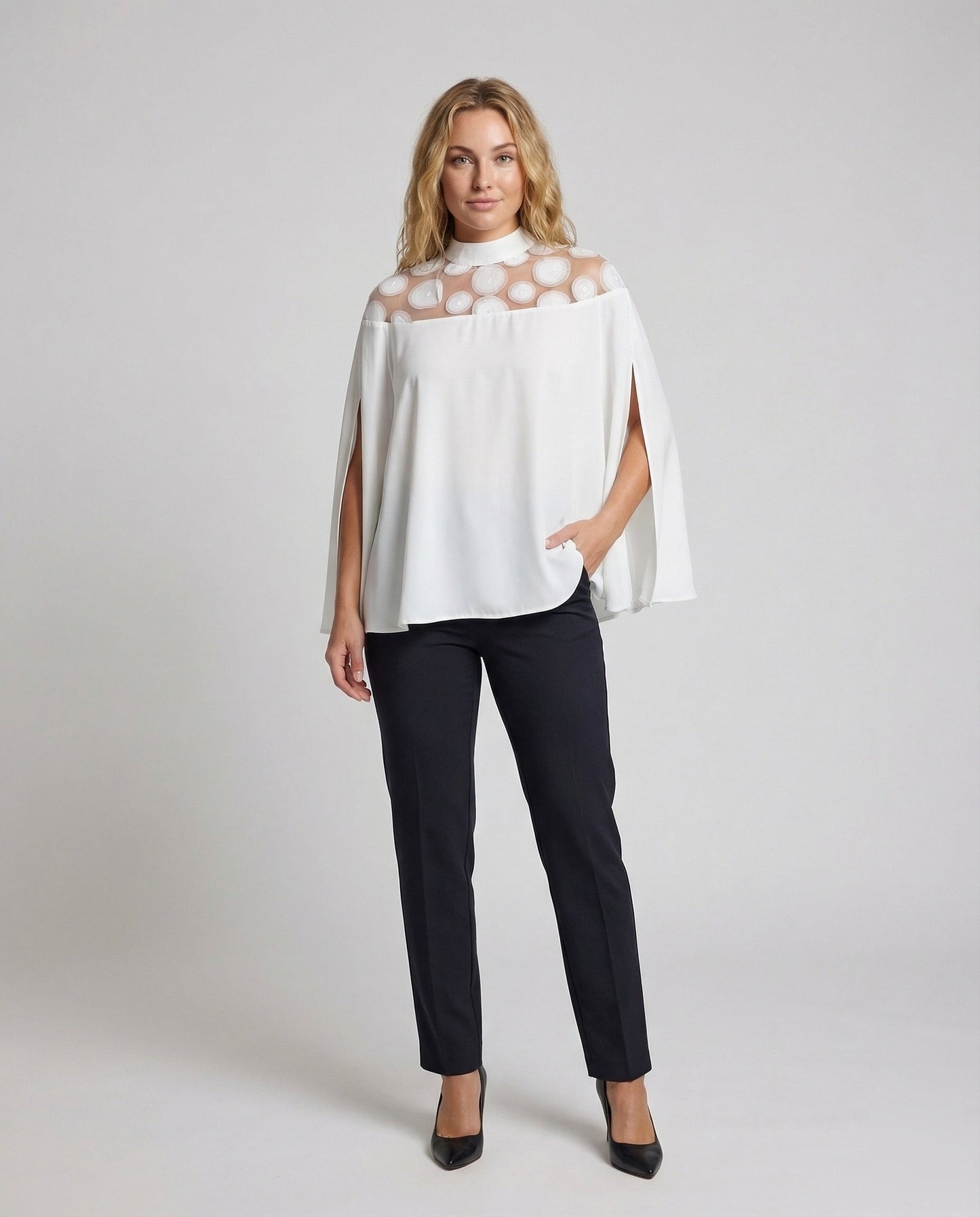 Damen Chiffon Bluse mit Tülleinsatz und Kreisapplikationen - Eveloria