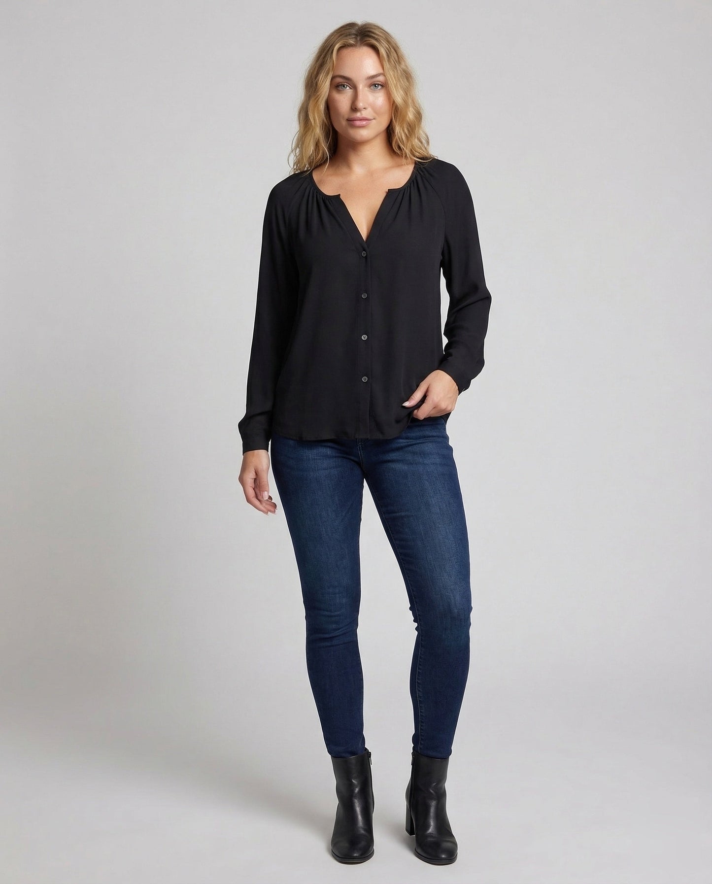 Damen Bluse V-Ausschnitt Geraffte Schulter - Eveloria