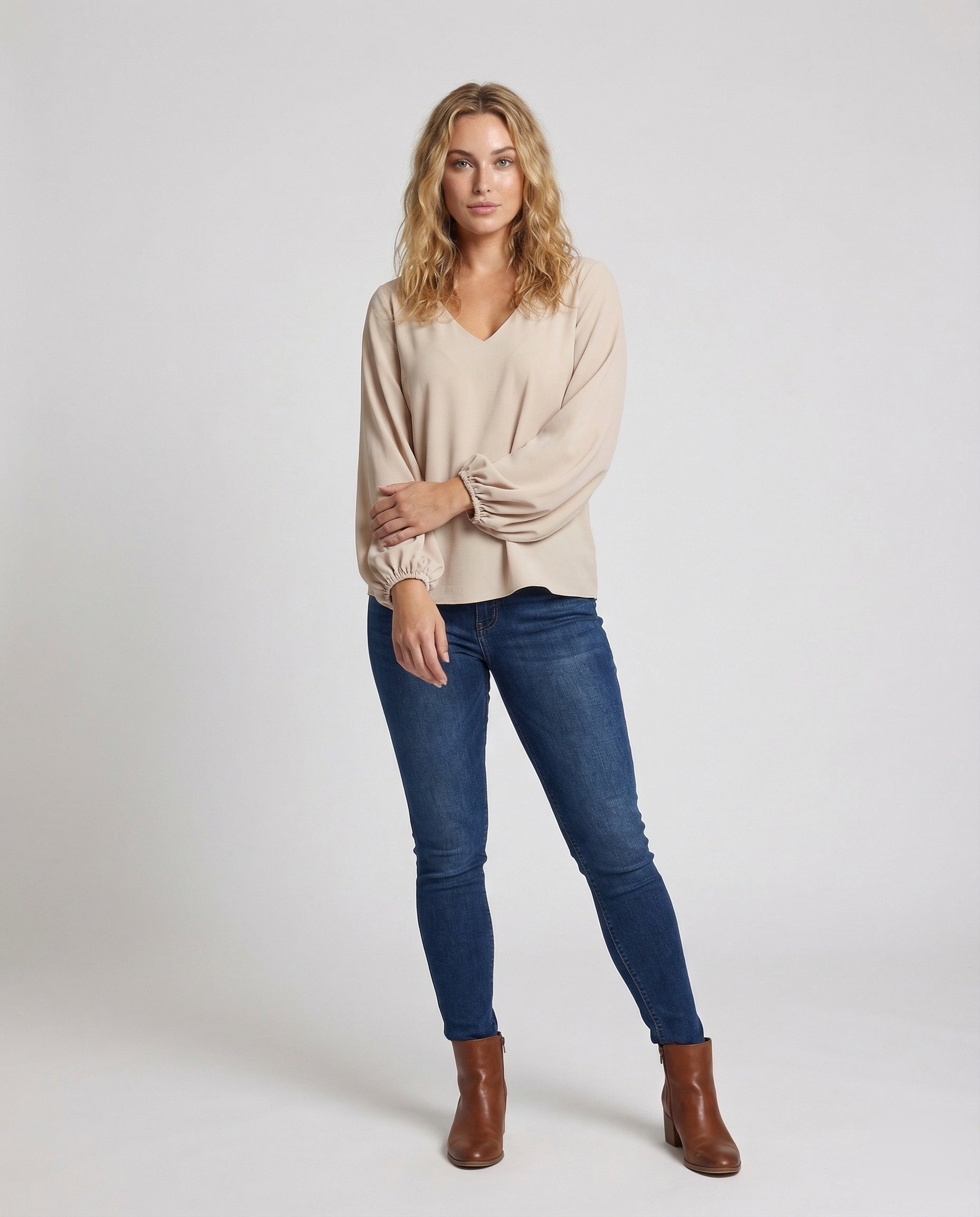 Damen Tunika Bluse V-Ausschnitt Bischofärmel - Eveloria