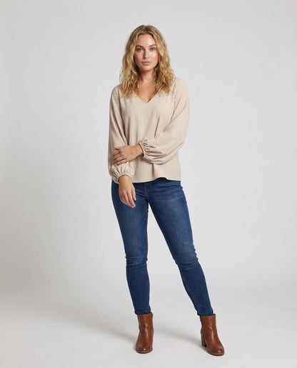 Damen Tunika Bluse V-Ausschnitt Bischofärmel - Eveloria