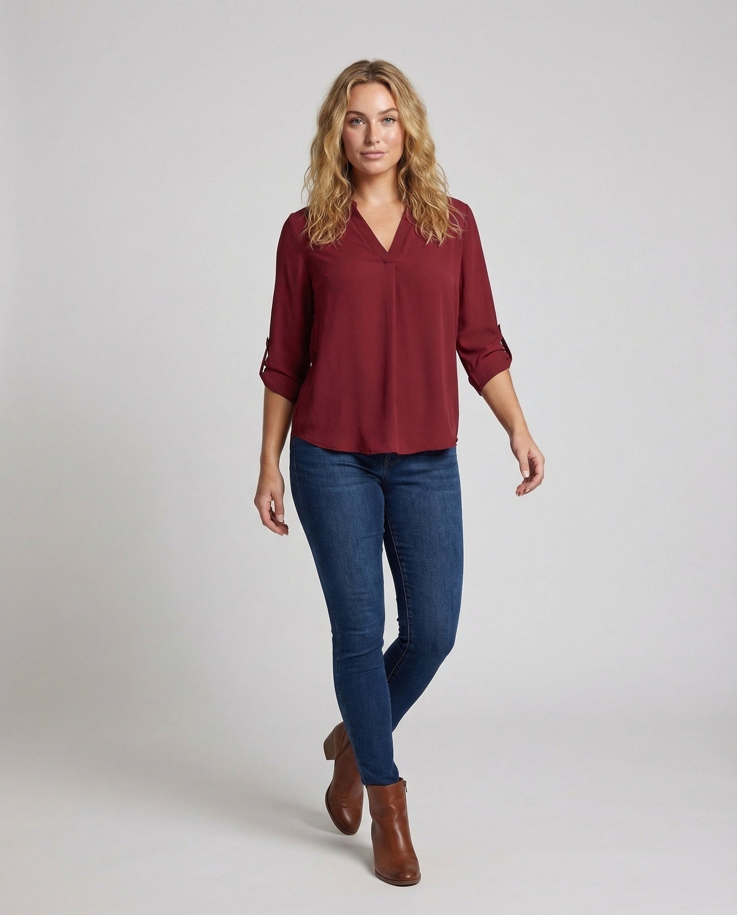Damen Bluse A-Linie Krempelbare Ärmel Crêpe - Eveloria