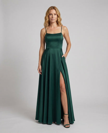 Damen Abendkleid Satin Spaghettiträger Beinschlitz - Eveloria