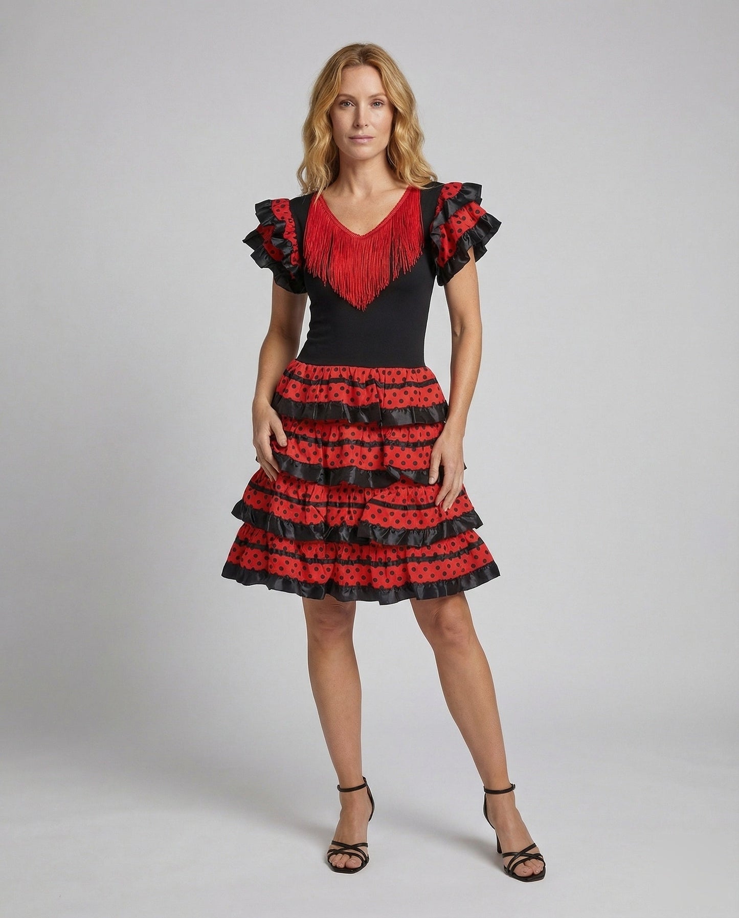 Damen Flamenco-Kleid Fransen V-Ausschnitt Röckchen - Eveloria