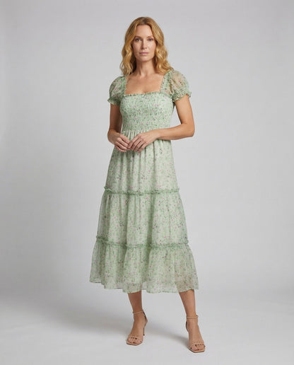 Damen Stufenmidikleid mit Smokoberteil und Chiffonlage - Eveloria